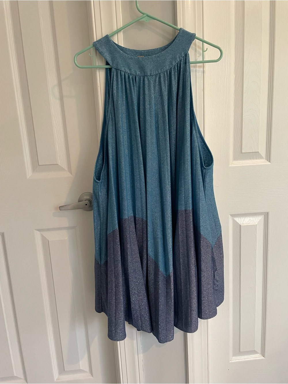 Free People Two-Tone Teal and Navy Pleated Swing Dress